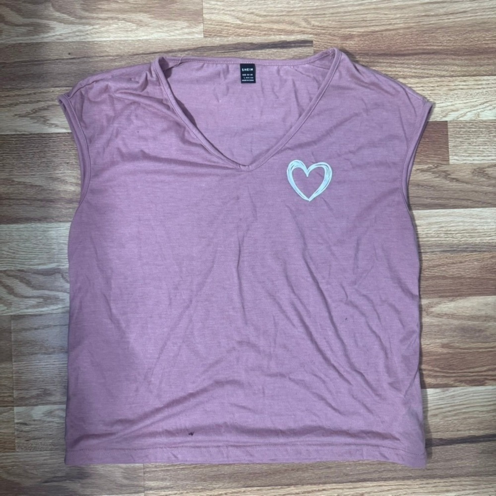 SHEIN Womens Mauve Pink V-Neck Heart Graphic Sleeveless Tank Top Size L 8/10